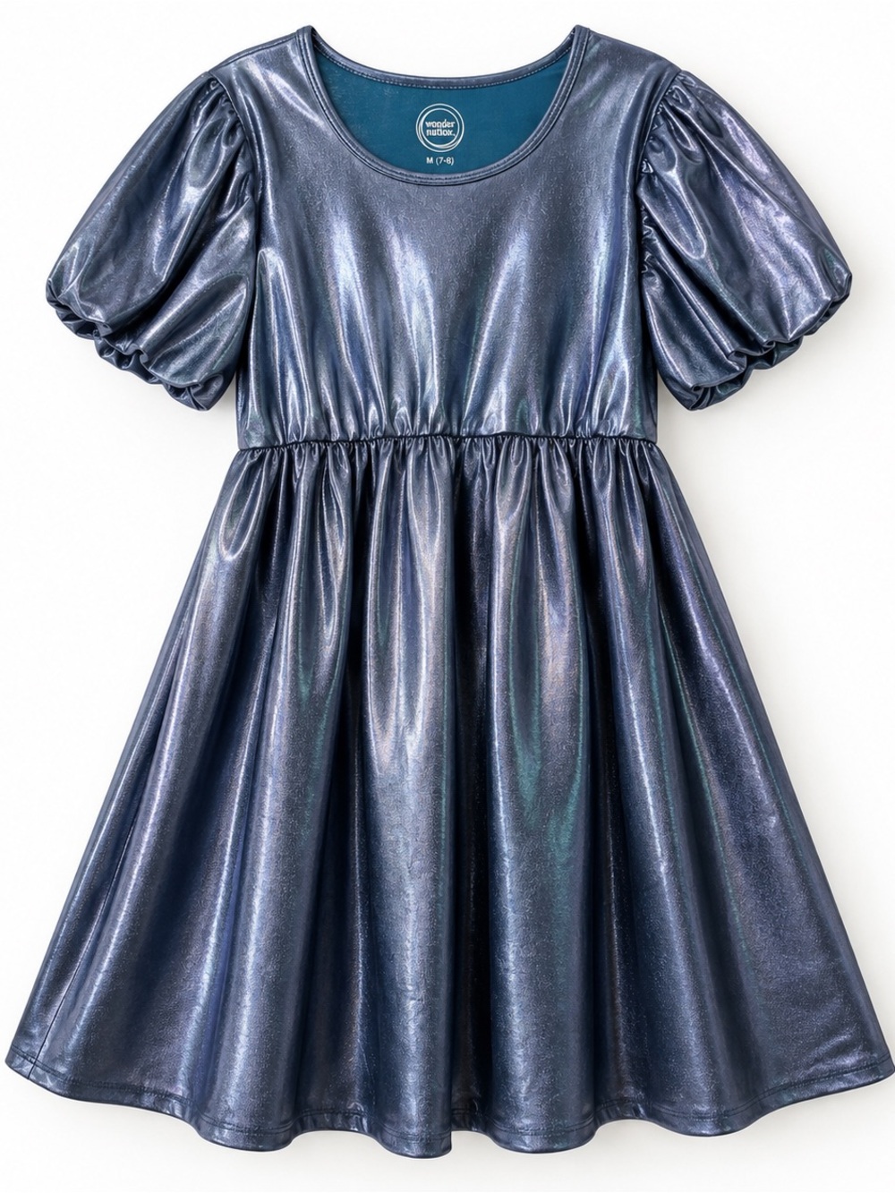 Wonder Nation Girls Metallic Blue Puff Sleeve Dress M 7-8
